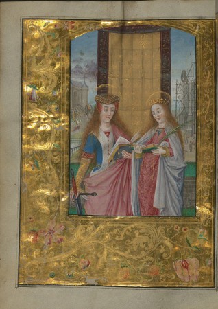 Aussem Hours, SS. Catherine and Barbara, with gold and floral marginal decoration, Walters Manuscript W.437, fol. 108v