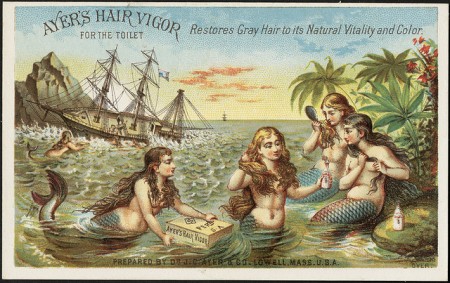 Rather than rescuing drowning sailors, these mermaids are salvaging casks of Ayers Hair Vigor.