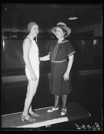 Mrs. Harvey W. Wiley, widow of the author of the Pure Food Act, displaying the shocking bathing costume of 1895 while Marjorie Gunnels wears the sensible one of 1936. (Library of Congress)