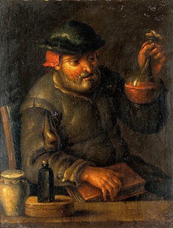 A_physician_(?)_examining_a_urine-flask._Oil_painting_by_an_Wellcome_V0017272
