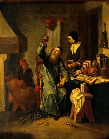 A_physician_examining_a_urine-flask_brought_by_a_woman._Oil_Wellcome_V0017274