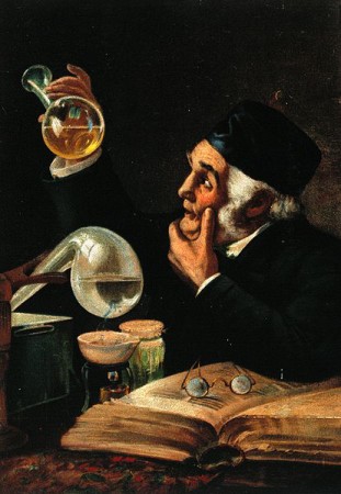 A_physician_examining_a_urine_specimen_with_book_and_chemica_Wellcome_V0016084