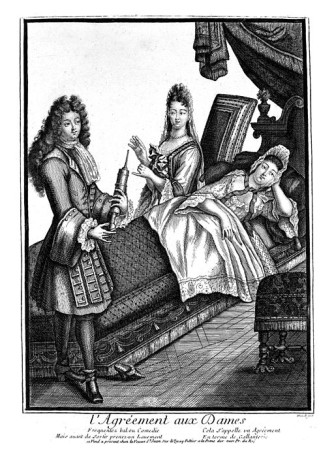 The Wellcome Library caption for this 18th century image: "A fashionable lady being given an enema by a charming doctor."