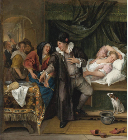 Another Jan Steen, with another creepy doctor with a young female patient. Note the enema in his hand. Ew.