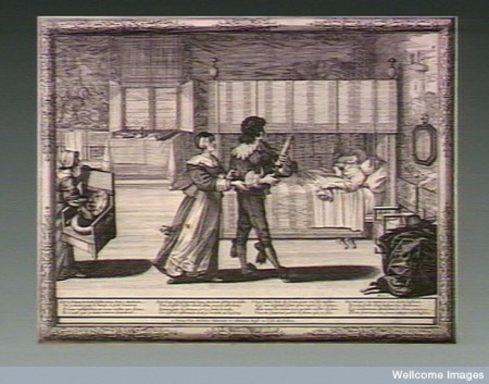 V0010765 A young fashionable apothecary-surgeon(?) about to give a si Credit: Wellcome Library, London. Wellcome Images images@wellcome.ac.uk http://wellcomeimages.org A young fashionable apothecary-surgeon(?) about to give a sick wealthy lady an enema. Engraving by A. Bosse, 16--. By: Abraham BossePublished: [16--] Copyrighted work available under Creative Commons Attribution only licence CC BY 4.0 http://creativecommons.org/licenses/by/4.0/