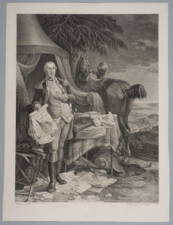 SC-5; Secondary object number RP-440; Outdoor scene of George Washington in a military encampment.